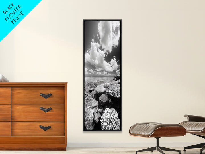 Coral Reef, Ocean Horizon, Puffy Clouds, Framed Canvas Print, Coastal Bathroom Art, Nautical Decor, Black and White Beach Style