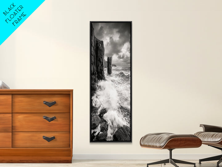 Crashing Surf, Tall Sea Stack, Rugged Coast, Framed Canvas Print, Moody Ocean Wall Art, Bathroom Decor, Black and White Seascape