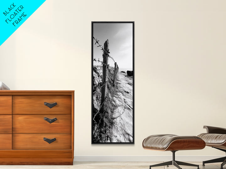 Rocky Shoreline, Barbed Wire, Coastal Minimalism, Rugged Texture, Natural Barrier, Framed Canvas Print, Hallway Wall Art, Industrial Rustic Style