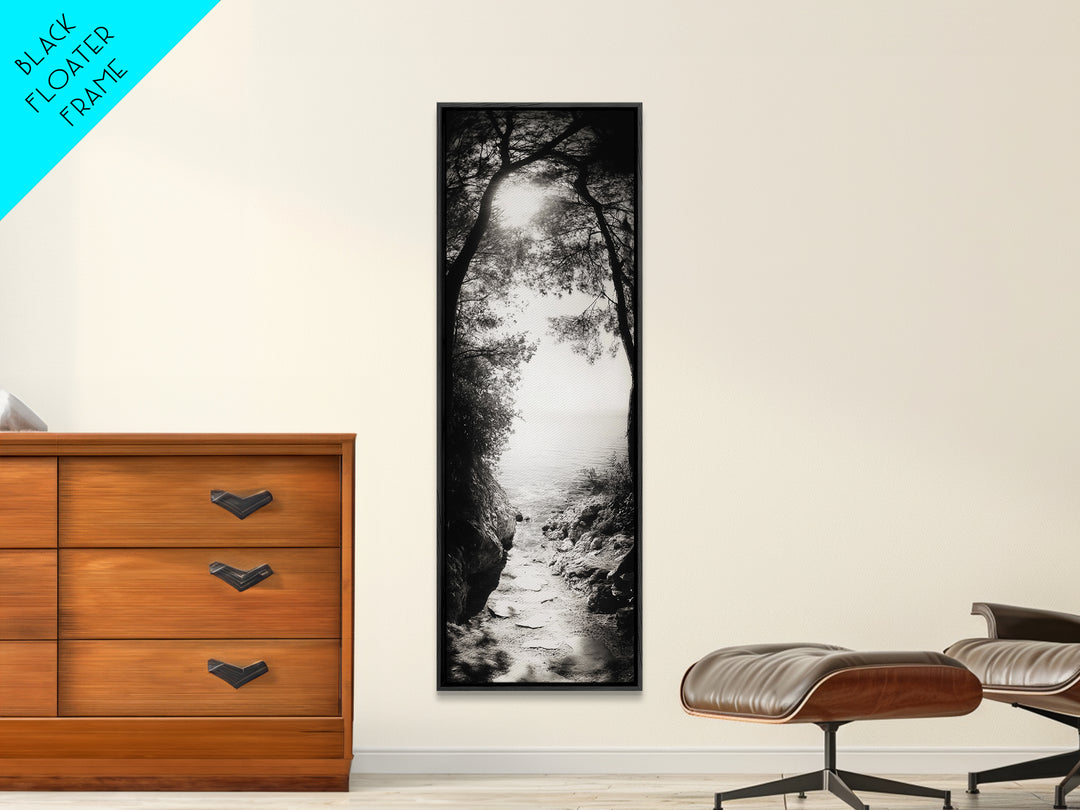 Ocean Pathway, Forest Light, Peaceful Coast, Dreamy Trail, Nature Escape, Framed Canvas Print, Entryway Wall Art, Moody Landscape