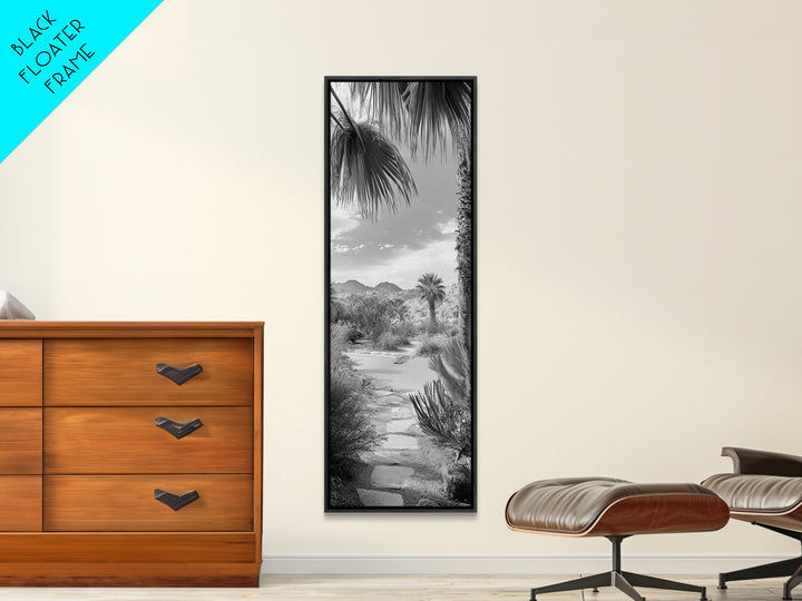 Desert Path, Palm Trees, Serene Escape, Tranquil Garden, Monochrome Landscape, Framed Canvas Print, Entryway Wall Art, Nature Minimal