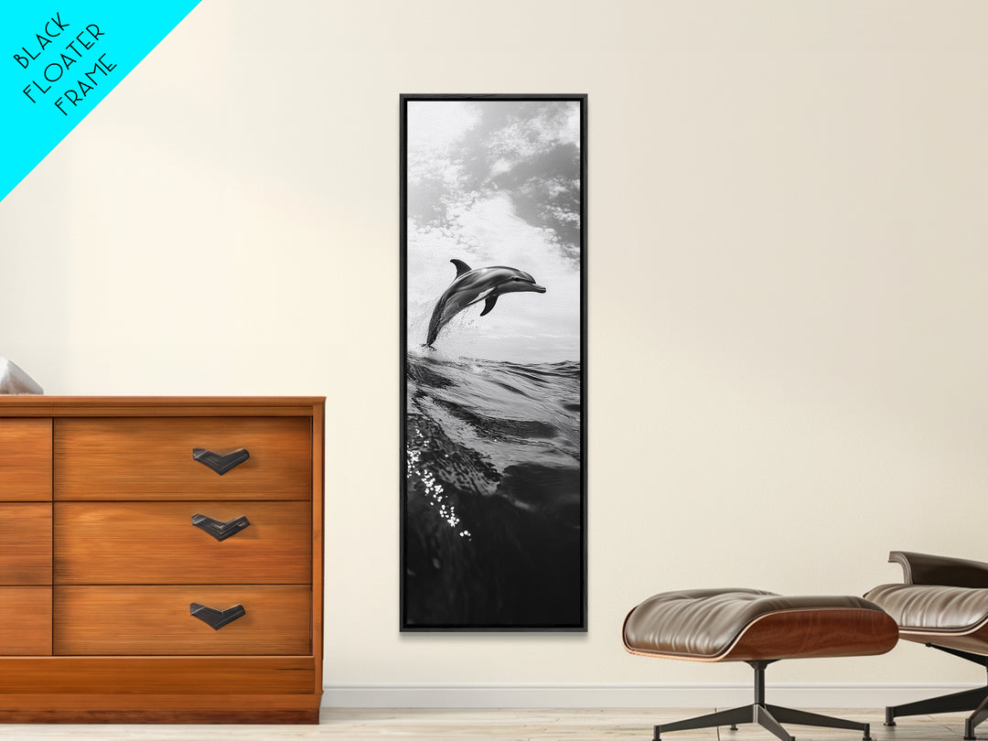 Dolphin Ocean Jump, Black and White Sea Life Print, Coastal Marine Wall Art, Canvas Print, Beach House Decor, Nature Photography