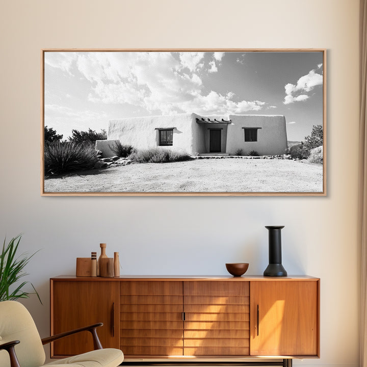 Desert Adobe House, Rustic Minimalist, Earth Tone Home Decor, Framed Canvas Print, Southwestern Art, Entryway or Living Room Art