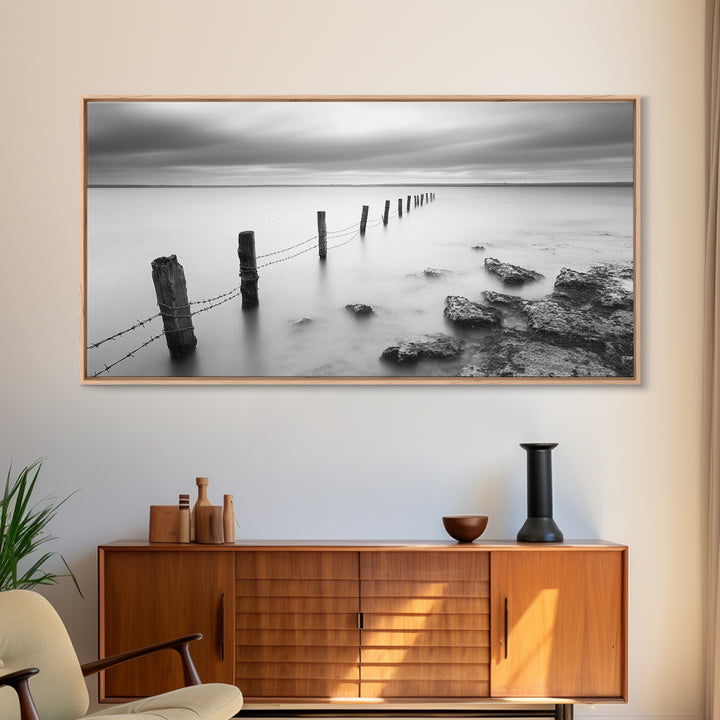 Coastal Fence Line, Tranquil Ocean Scene, Soft Minimalist Photo, Framed Canvas Print, Bathroom or Hallway Wall Art, Zen Vibes