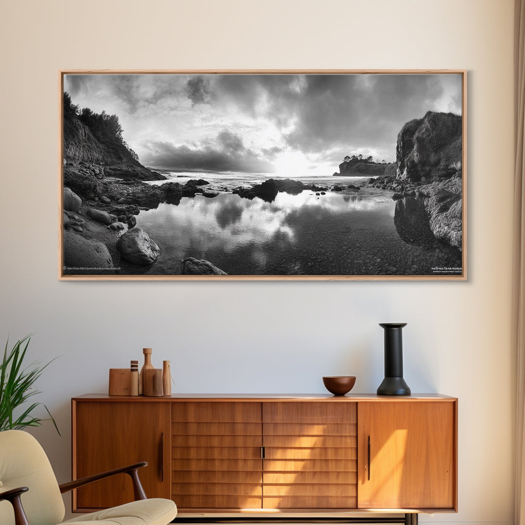 Coastal Reflection, Tide Pools, Dramatic Sky, Ocean Cliff Landscape, Framed Canvas Print, Bedroom Nature Photography Art