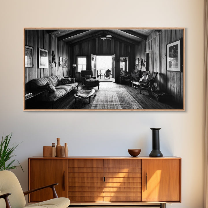 Cozy Cabin Interior, Rustic Living Space, Wood Wall Charm, Canvas Print, Country Living Room Art, Americana Wall Photography