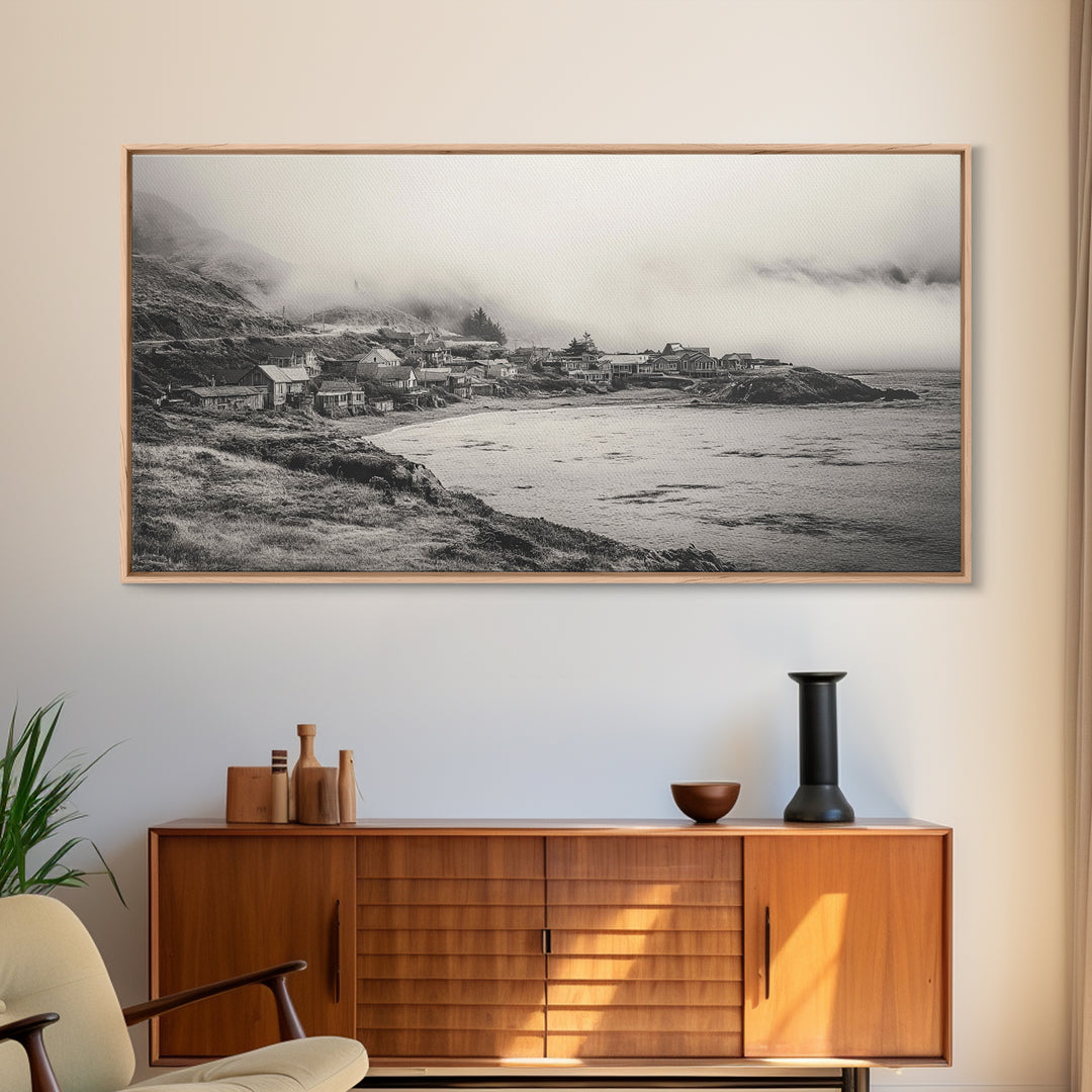 Coastal Fog Village, Misty Ocean Cliff Scene, Black and White Landscape, Canvas Print, Bedroom Wall Art, Rustic Coastal Decor