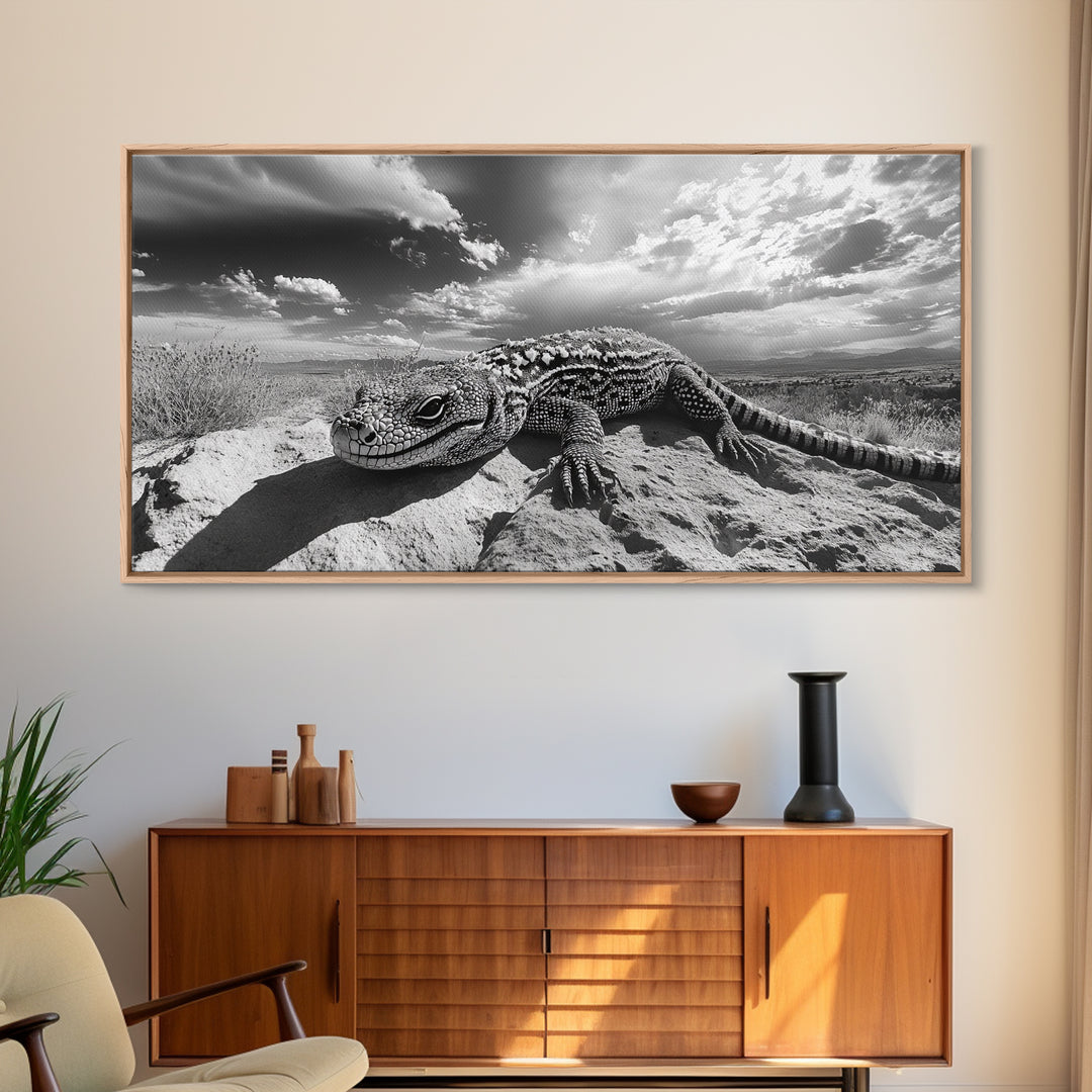 Desert Lizard Close-Up, Reptile Wildlife Photography, Dramatic Sky Scene, Canvas Print, Living Room Wall Art, Nature Decor