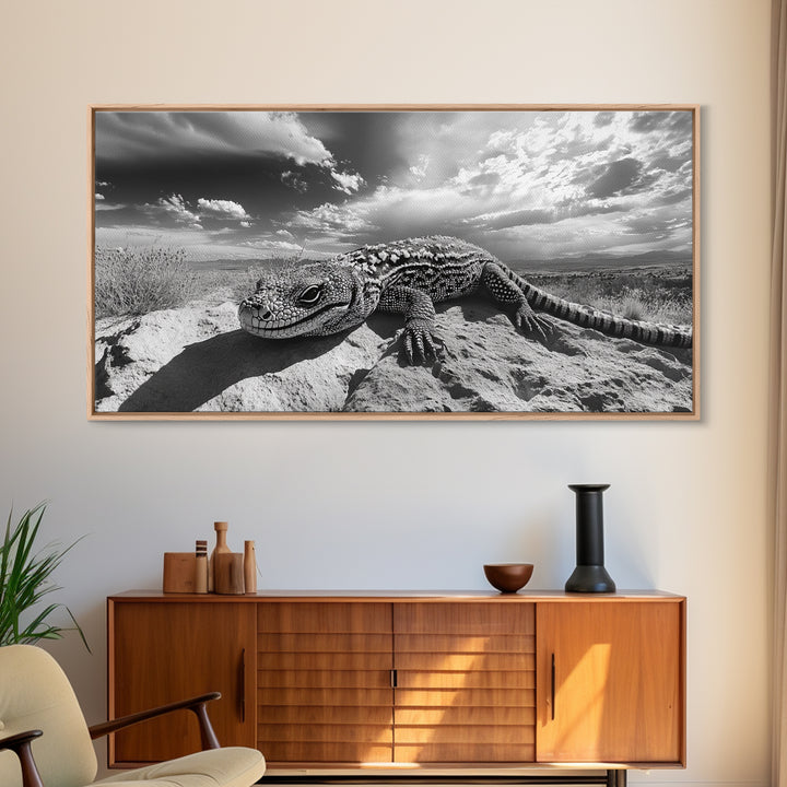Desert Lizard Close-Up, Reptile Wildlife Photography, Dramatic Sky Scene, Canvas Print, Living Room Wall Art, Nature Decor