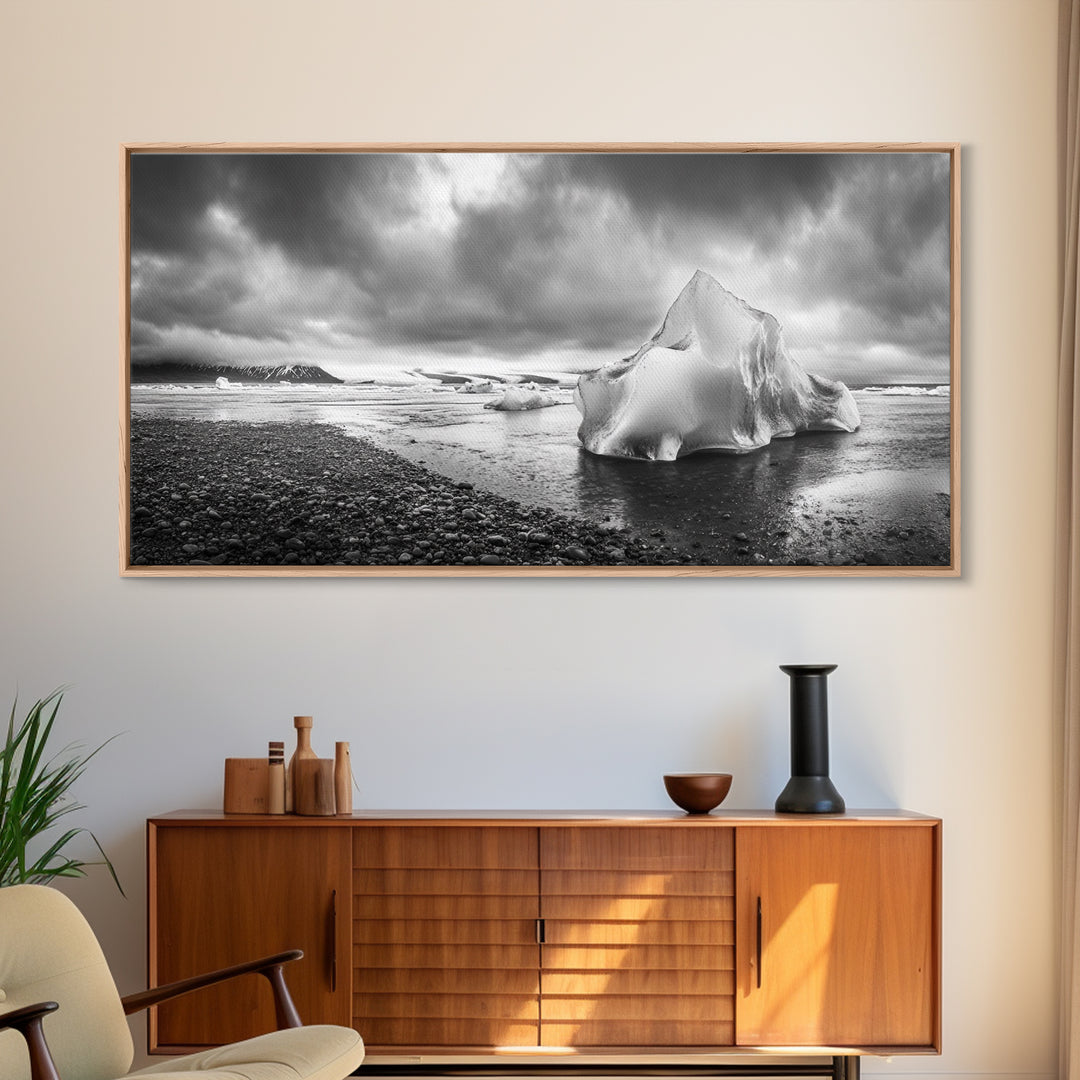 Arctic Iceberg Shore, Moody Cloud Sky, Frozen Water Landscape, Framed Canvas Print, Office Wall Art, Nordic Minimalist Art