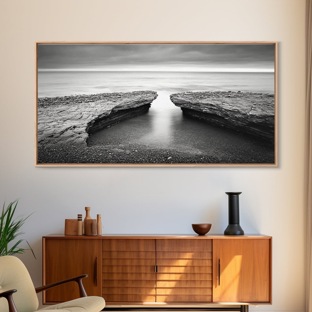 Ocean Rock Split, Calm Seascape Horizon, Monochrome Photography, Canvas Print, Bathroom Wall Art, Zen Coastal Aesthetic, Office Wall Art
