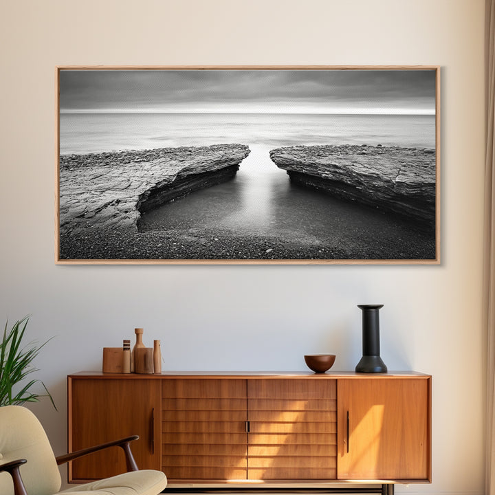 Ocean Rock Split, Calm Seascape Horizon, Monochrome Photography, Canvas Print, Bathroom Wall Art, Zen Coastal Aesthetic, Office Wall Art