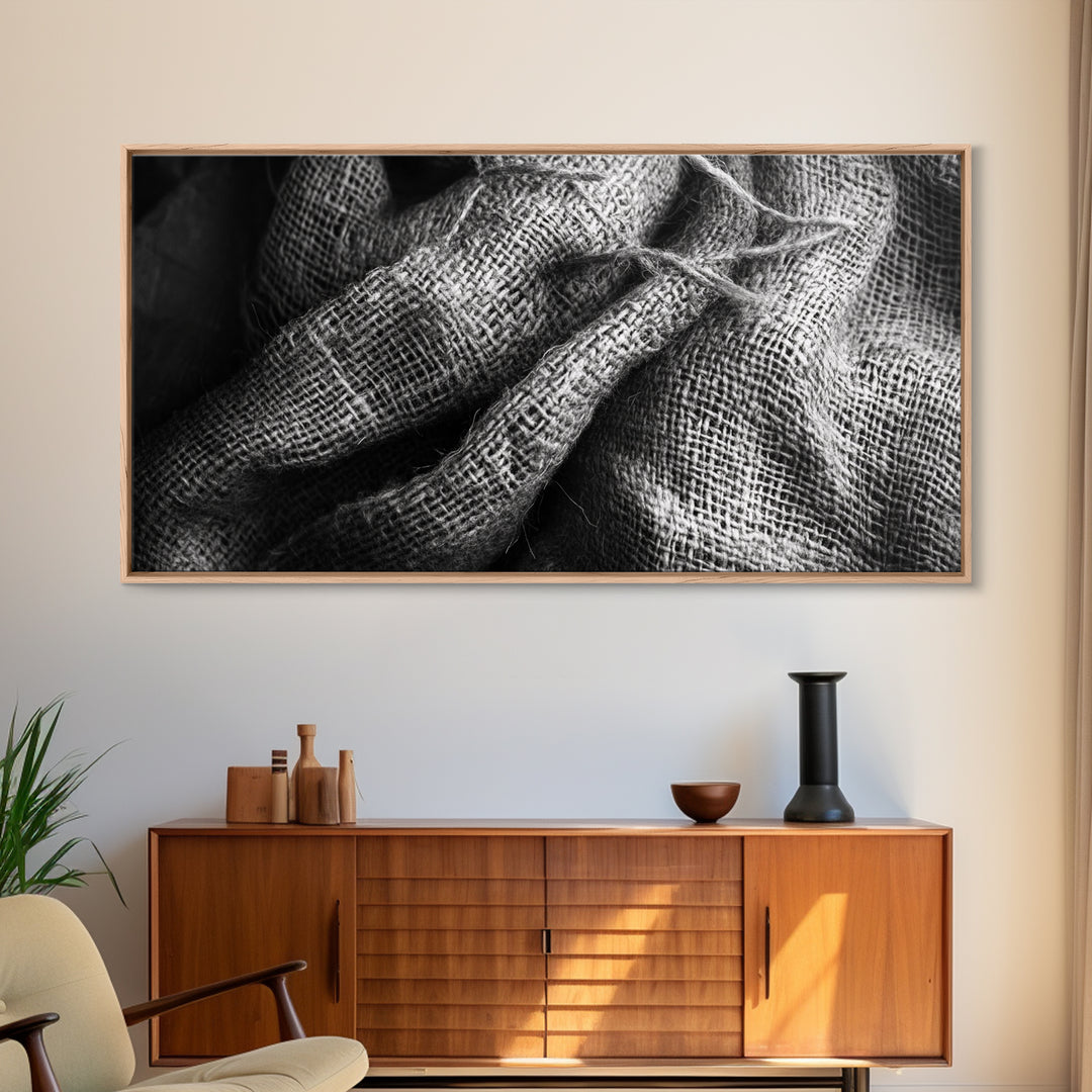 Burlap Texture Close-Up, Woven Fabric Detail Art, Earthy Natural Theme, Framed Canvas Print, Kitchen Wall Art, Boho Textile Decor