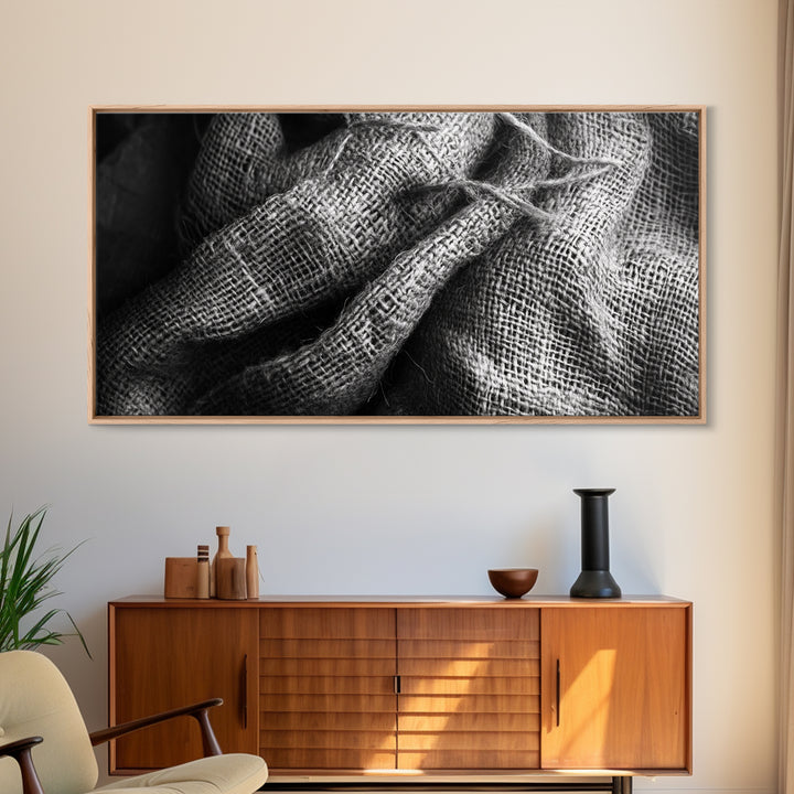 Burlap Texture Close-Up, Woven Fabric Detail Art, Earthy Natural Theme, Framed Canvas Print, Kitchen Wall Art, Boho Textile Decor