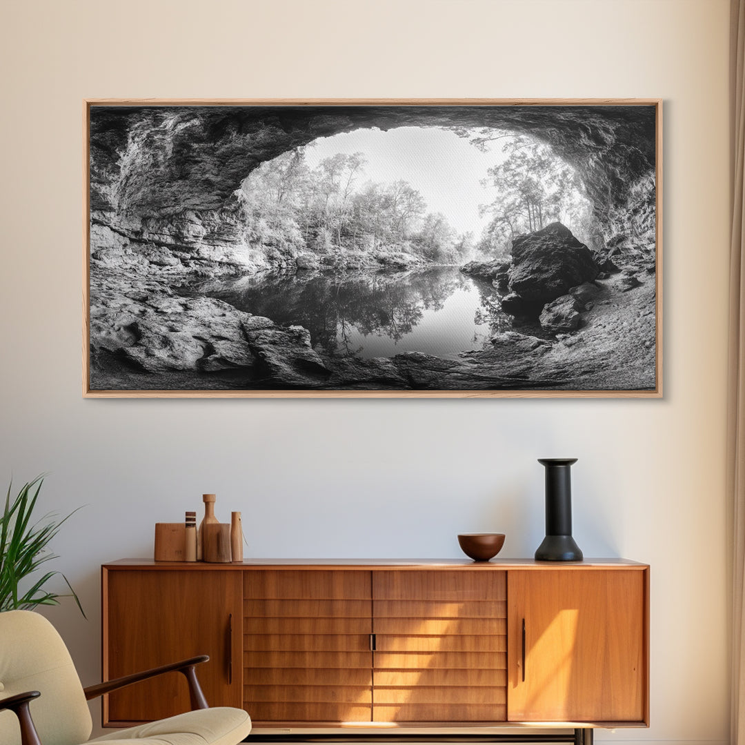 Cave Entrance Lake, Hidden Forest View, Rock Reflection Water, Canvas Print, Hallway Wall Art, Adventure Wilderness Decor, Minimalist Style