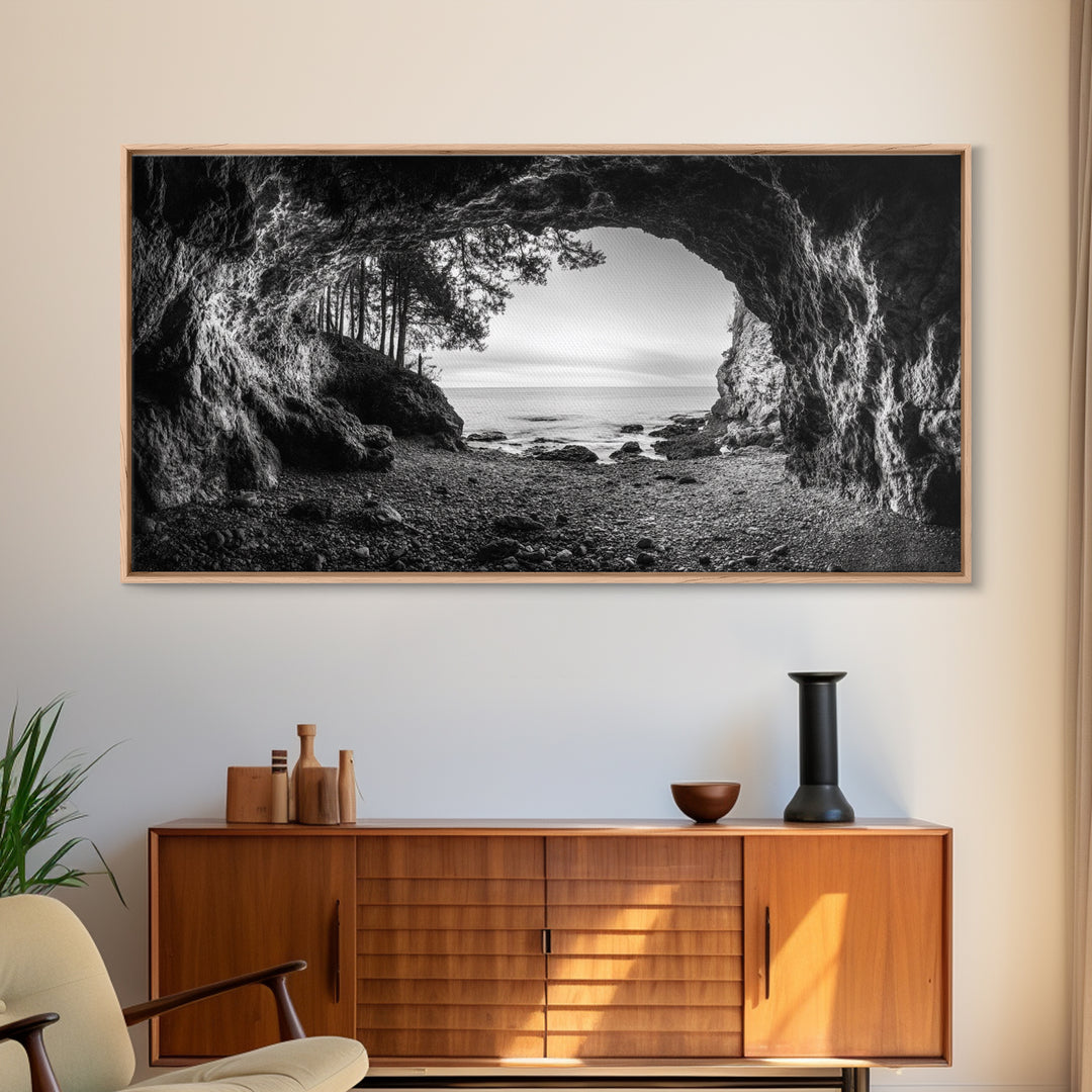 Ocean Cave Opening, Rugged Shoreline Exit, Dramatic Coastal Rock, Canvas Print, Entryway Wall Art, Moody Nautical Decor, Farmhouse Entryway