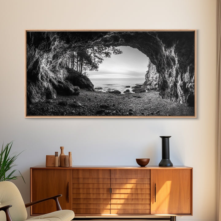 Ocean Cave Opening, Rugged Shoreline Exit, Dramatic Coastal Rock, Canvas Print, Entryway Wall Art, Moody Nautical Decor, Farmhouse Entryway