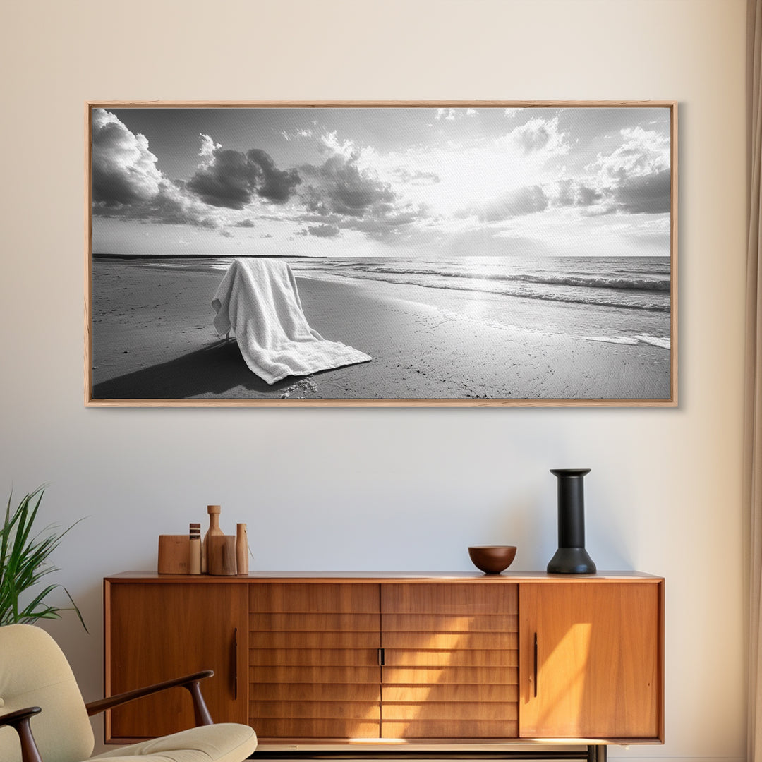 Beach Towel, Serene Shoreline, Peaceful Coastal Scene, Framed Canvas Print, Spa Bathroom Decor, Minimalist Beach Photography