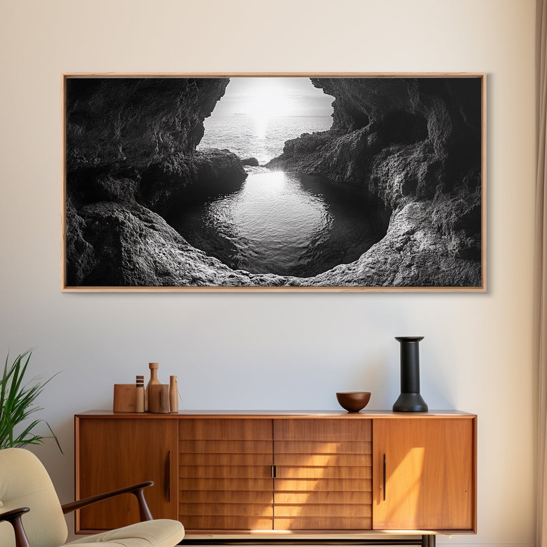 Ocean Cave Sunset, Seascape Art, Black and White Photography, Coastal Decor, Minimalist Style, Canvas Print, Bathroom Wall Art