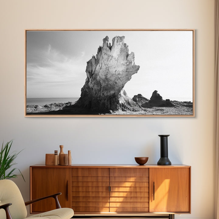 Desert Rock Tower, Surreal Landscape, Modern Nature Art, Canvas Print, Black and White Office Decor, Minimalist Style Piece, Bedroom Wall Art