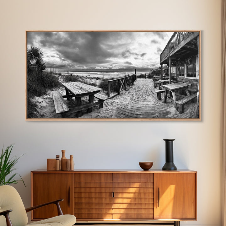 Beach Boardwalk, Coastal Restaurant, Moody Seaside View, Framed Canvas Print, Kitchen or Bar Wall Art, Rustic Autumn Decor