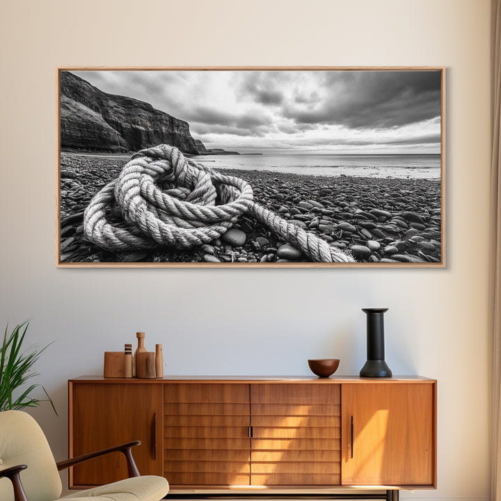 Coastal Rope, Pebble Shore, Nautical Texture, Rugged Seascape, Canvas Print, Bathroom Wall Art, Beach House Style, Moody Ocean Decor