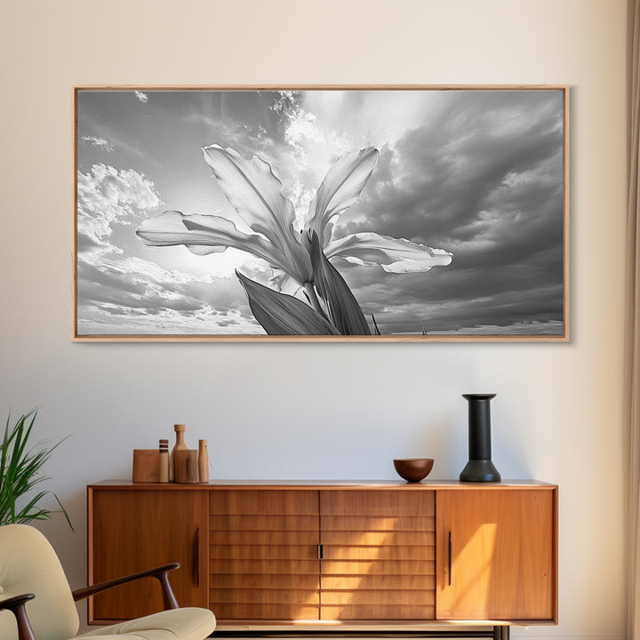 Blooming Iris, Floral Sky, Dreamy Nature, Petal Light, Framed Canvas Print, Modern Bedroom Art, Feminine Wall Art, Botanical Home Decor