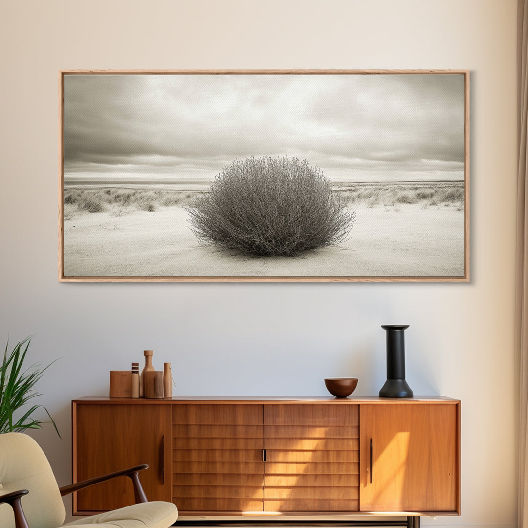Desert Bush, Minimal Landscape, Dune Scene, Sand Calm, Framed Canvas Print, Boho Bedroom Art, Neutral Wall Decor, Minimalist Style