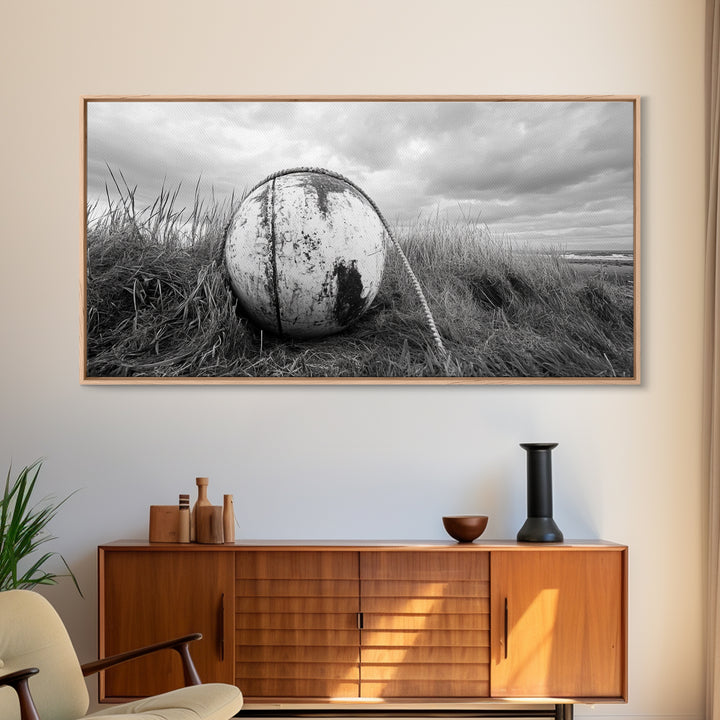 Coastal Buoy, Nautical Sphere, Fishing Rope, Beach Grass, Framed Canvas Print, Coastal Bathroom Art, Seaside Wall Decor, Rustic Style