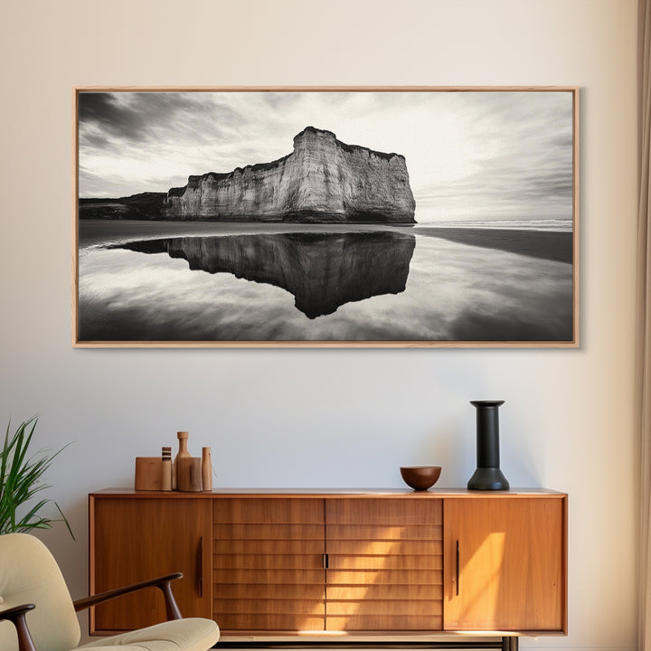 Cliff Reflection, Coastal Monolith, Seashore Beauty, Sunset Vibes, Framed Canvas Print, Living Room Art, Minimalist Beach Scene