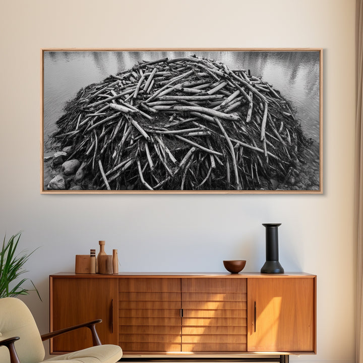 Beaver Lodge, Natural Structure, Earthy River Habitat, Framed Canvas Print, Cabin Wall Art, Nature-Inspired Rustic Fall Decor