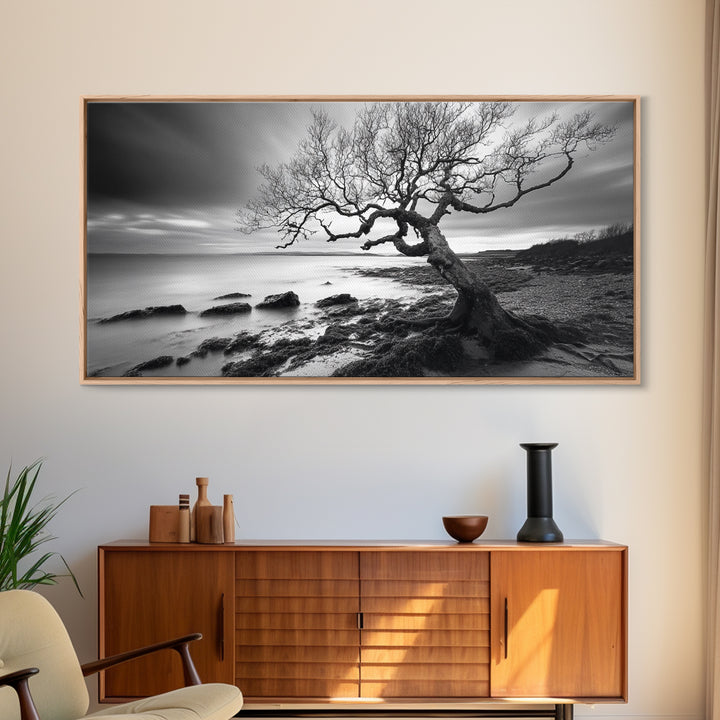 Coastal Tree, Tidal Shore, Windswept Beauty, Natural Balance, Framed Canvas Print, Bedroom Wall Art, Boho Decor, Serene Seascape