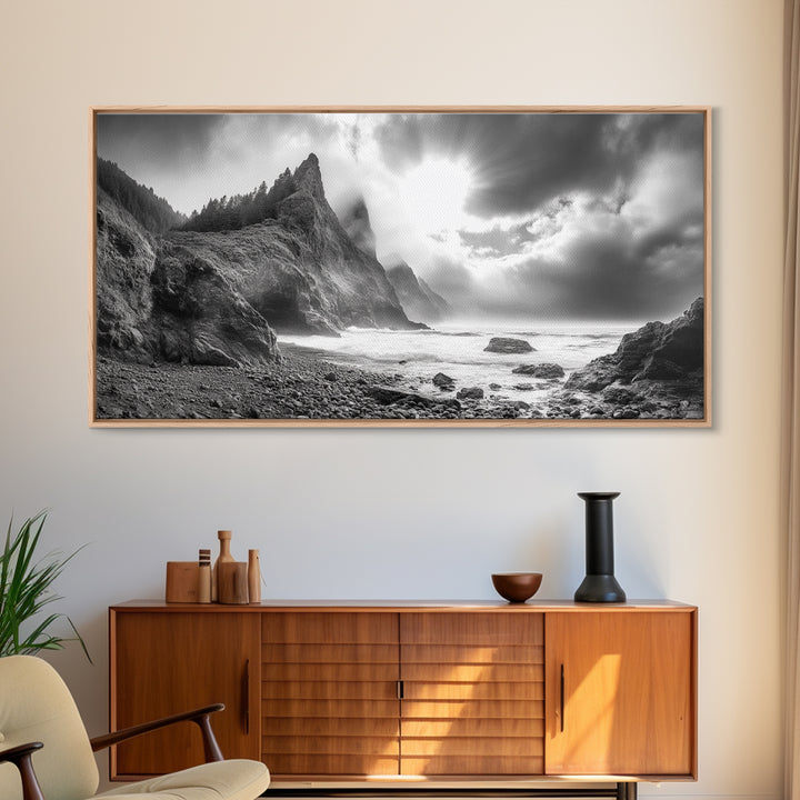 Coastal Cliffside, Stormy Sea, Dramatic Sky, Ocean Mood, Framed Canvas Print, Monochrome Art, Living Room Beach House Decor