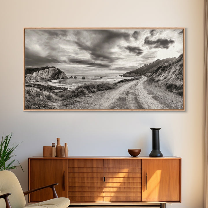 Coastal Road, Scenic Journey, Ocean Path, Cloudy Sky, Framed Canvas Print, Rustic Wall Art, Entryway Wanderlust Landscape, Coastal House