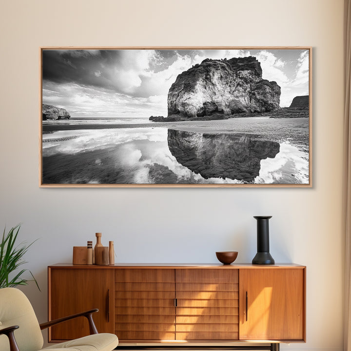 Beach Reflection, Seaside Rock, Cloudy Horizon, Coastal View, Framed Canvas Print, Minimalist Wall Art, Bathroom Ocean Decor