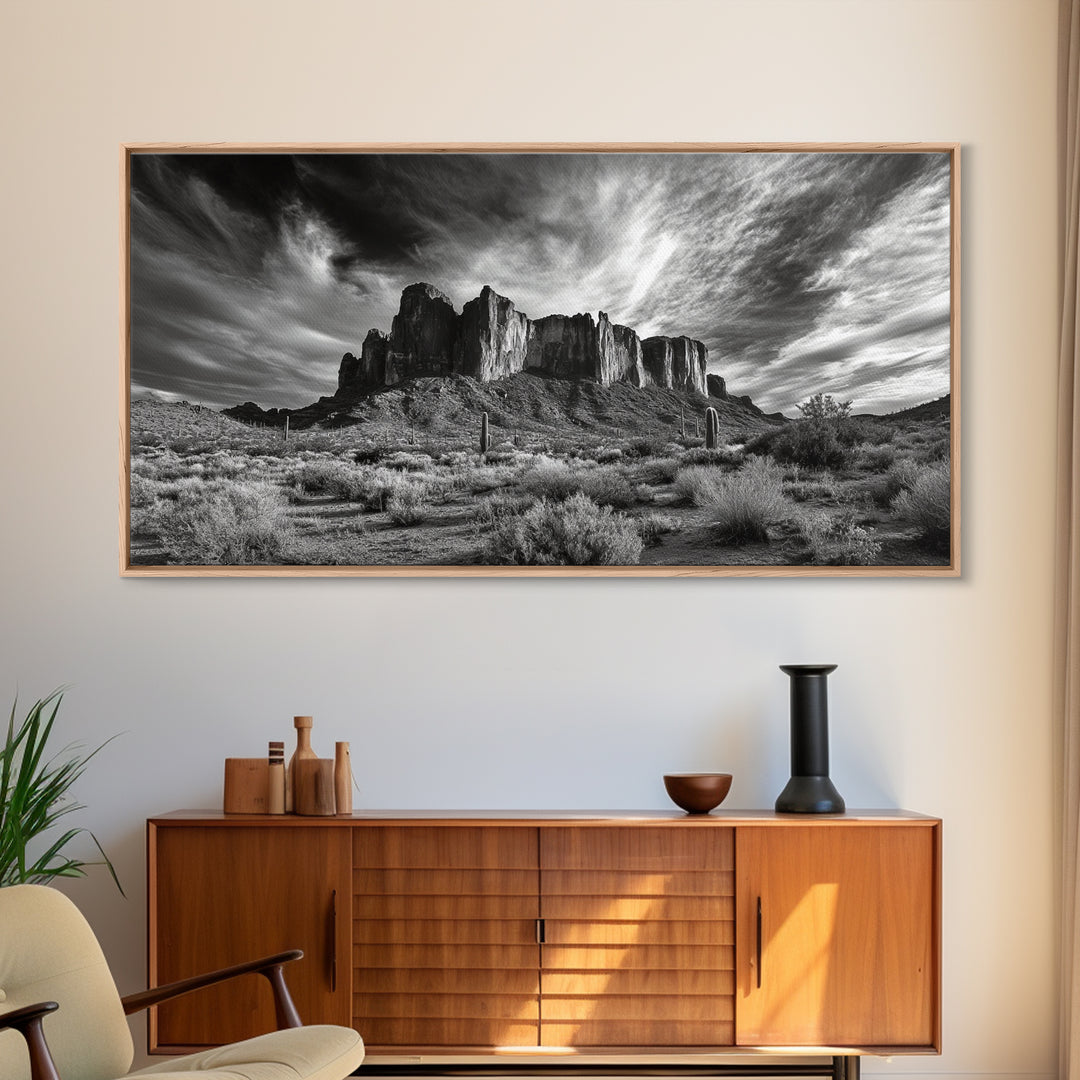 Desert Mesa, Dramatic Sky, Western Landscape, Cactus Field, Framed Canvas Print, Rustic Wall Art, Living Room Southwest Decor