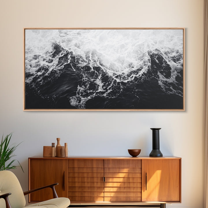 Ocean Texture, Crashing Waves, Abstract Sea, Monochrome Motion, Framed Canvas Print, Coastal Wall Art, Bathroom Minimalist Decor