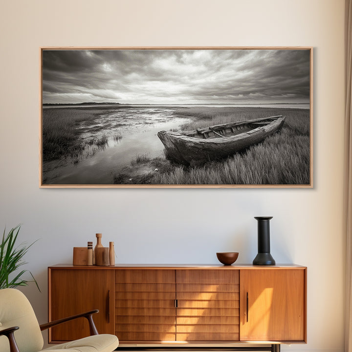 Abandoned Boat, Coastal Marsh Scene, Sepia Seascape, Framed Canvas Print, Living Room Wall Art, Moody Autumn Nautical Decor
