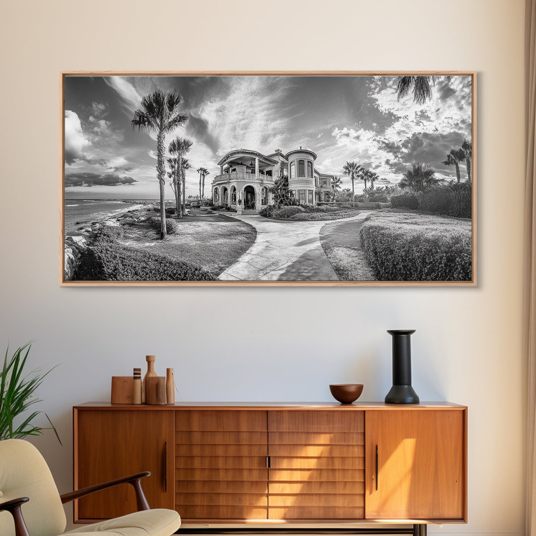Beach Mansion Wall Art, Tropical Coastal House, Luxury Villa Print, Palm Tree Canvas Print, Living Room Decor, Modern Home Wall Art