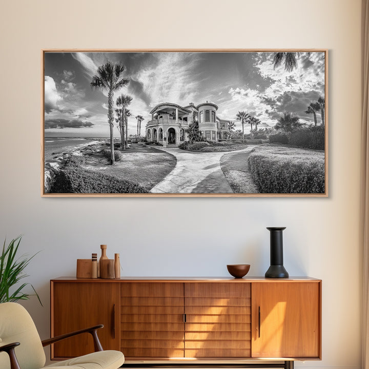 Beach Mansion Wall Art, Tropical Coastal House, Luxury Villa Print, Palm Tree Canvas Print, Living Room Decor, Modern Home Wall Art
