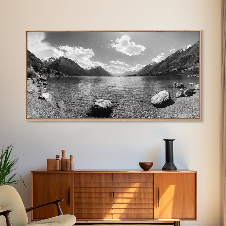 Alpine Lake Print, Mountain Reflection Art, Nature Photography, Black and White Canvas Print, Minimalist Living Room, Cabin Wall Decor