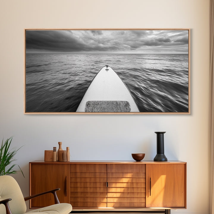 Ocean Horizon Board, Paddleboarding Adventure, Cloudy Sea Landscape, Framed Canvas Print, Modern Coastal Office or Living Room Art