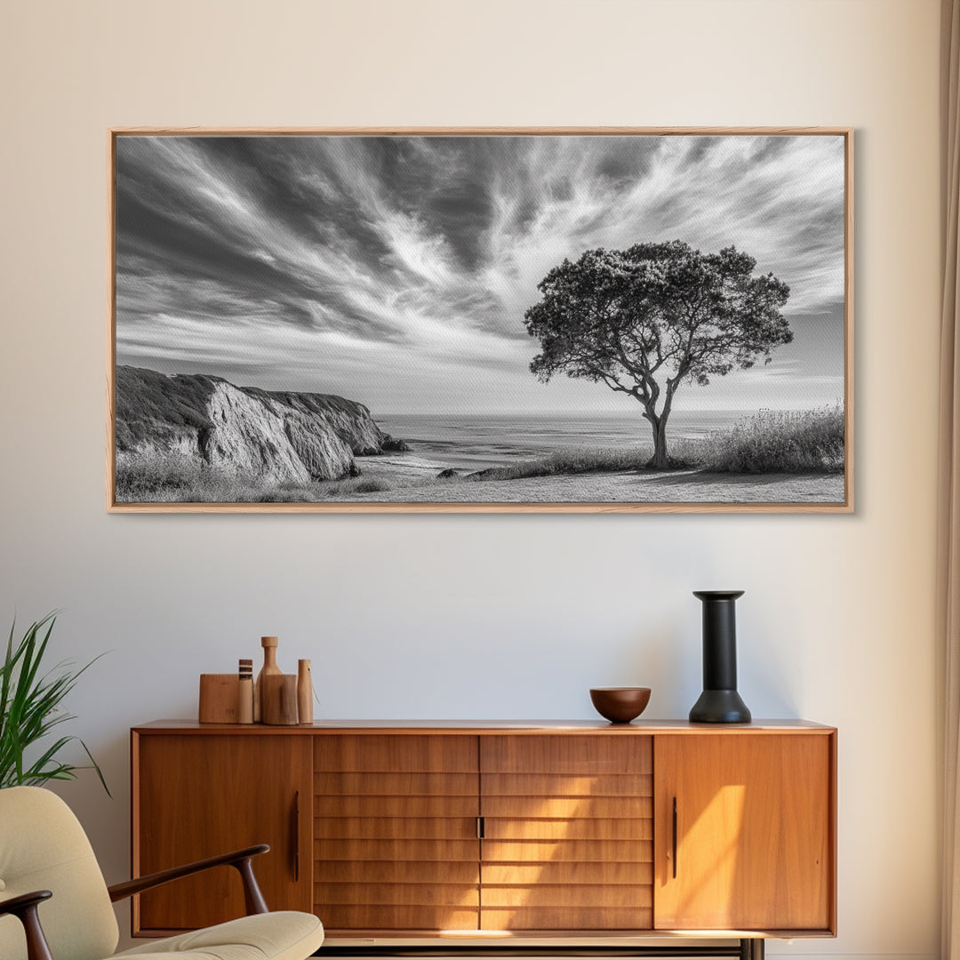 Coastal Tree Cliff, Ocean Breeze Scene, Scenic Nature Vibes, Framed Canvas Print, Boho Bedroom or Serene Living Room Wall Art