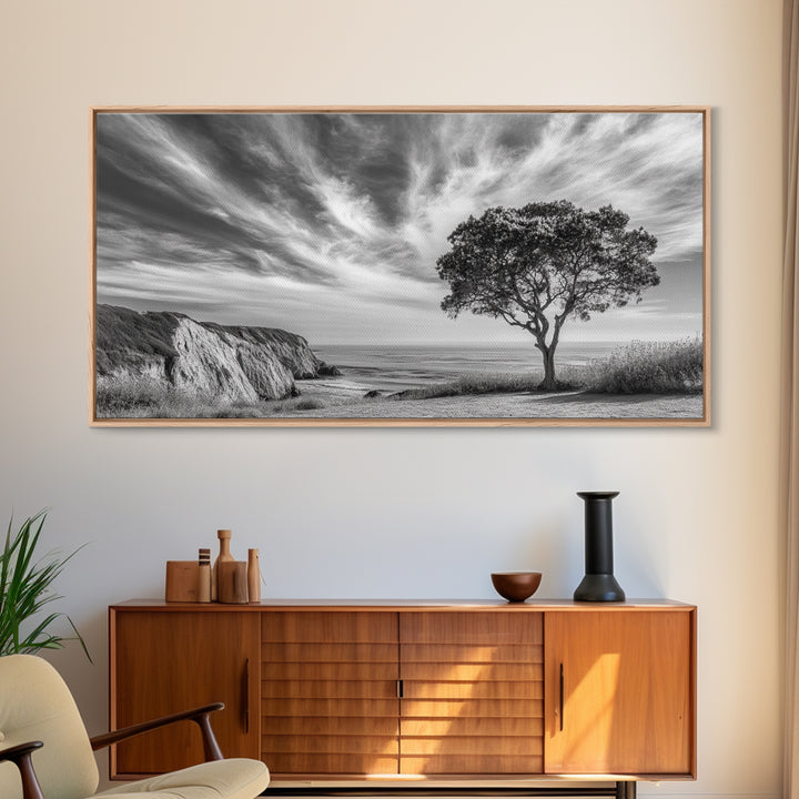 Coastal Tree Cliff, Ocean Breeze Scene, Scenic Nature Vibes, Framed Canvas Print, Boho Bedroom or Serene Living Room Wall Art