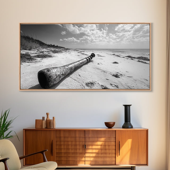Abandoned Beach Pipe, Surreal Coastal Scene, Washed Ashore Photography, Framed Canvas Print, Moody Living Room or Fall Wall Art