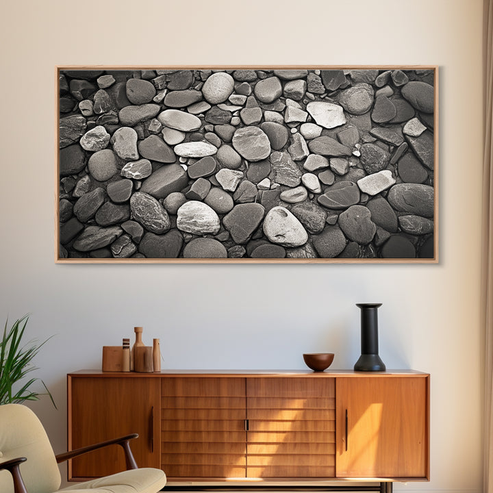 River Stones, Zen Rock Pattern, Natural Earth Tones, Minimal Decor, Framed Canvas Print, Modern Bathroom Spa Wall Art, Living Room Wall Art