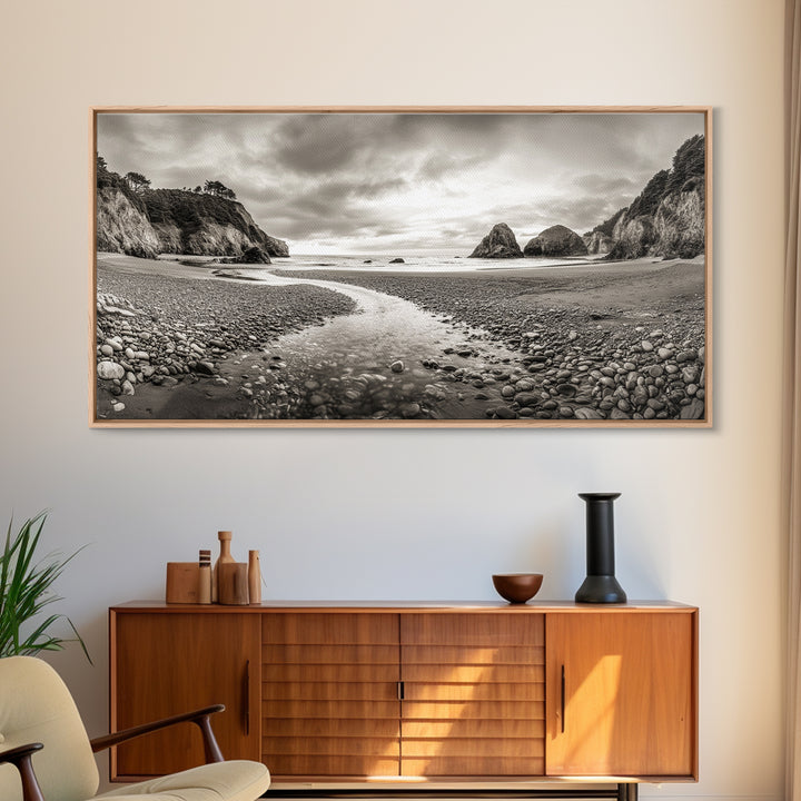 Coastal Pebble Beach, Pacific Shoreline, Serene Nature Landscape, Framed Canvas Print, Neutral Bedroom or Fall Living Room Wall Art
