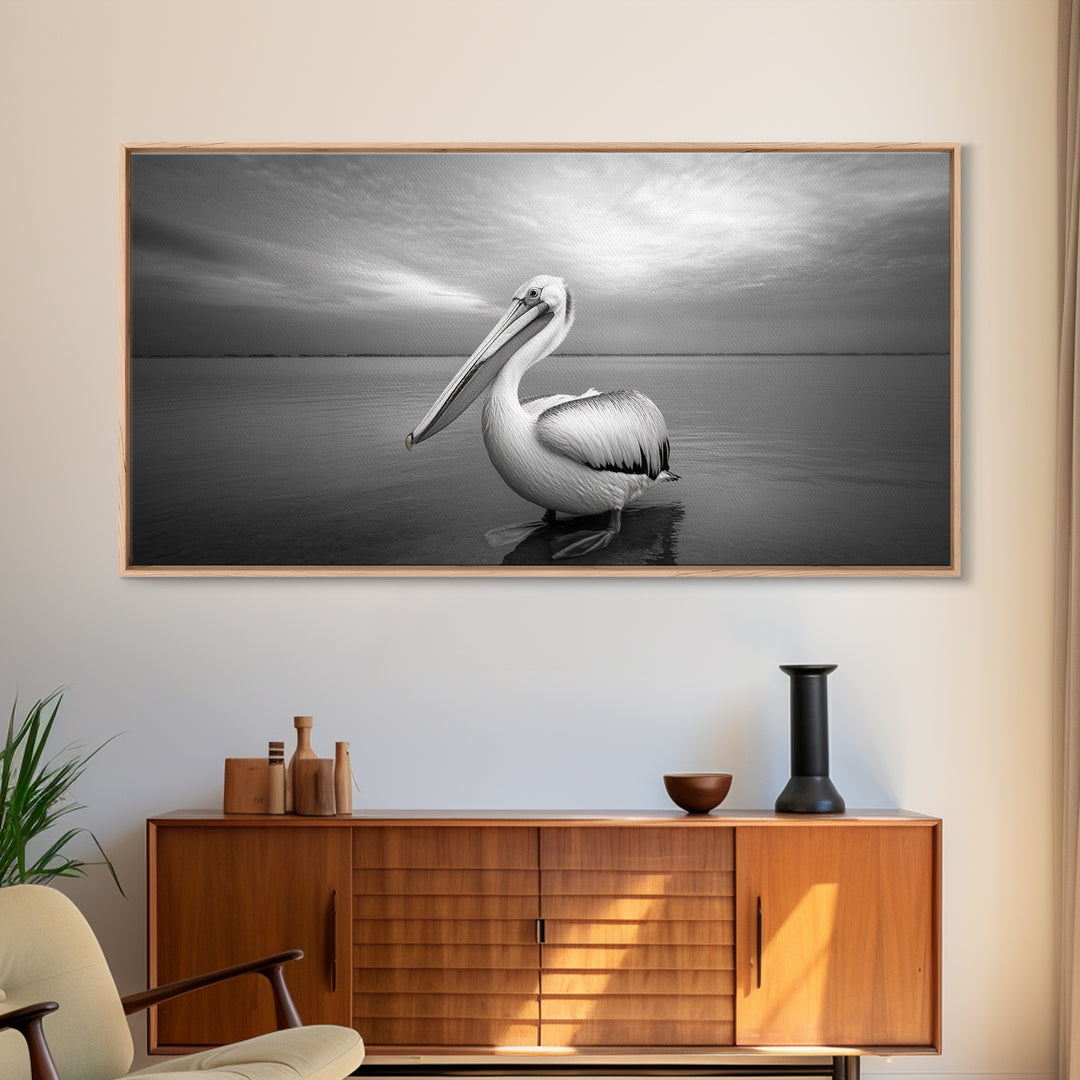 Ocean Pelican, Peaceful Bird Portrait, Coastal Wildlife Art, Framed Canvas Print, Minimalist Entryway or Beach House Wall Art