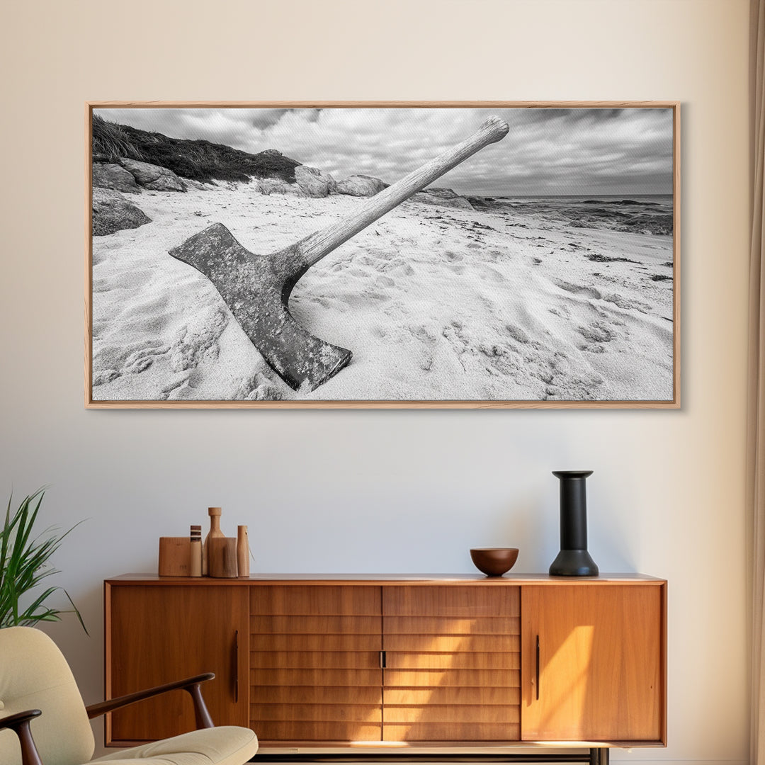 Axe in Sand, Abandoned Tool Scene, Rustic Coastal Mood, Framed Canvas Print, Cabin Wall Art or Moody Fall Living Room Decor, Bathroom Wall Art