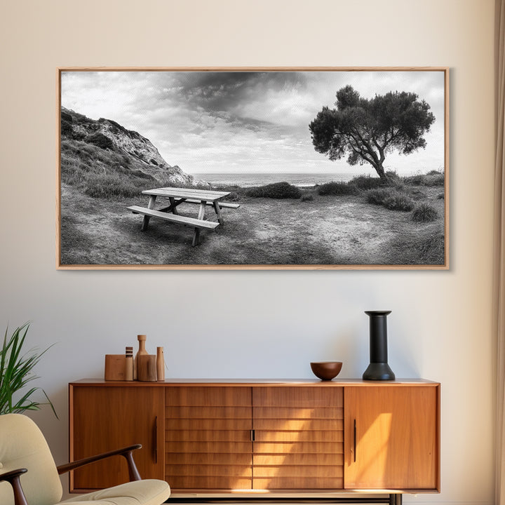Picnic Table View, Coastal Meadow Scene, Tree and Cliff Horizon, Framed Canvas Print, Relaxing Kitchen or Outdoor Patio Wall Art